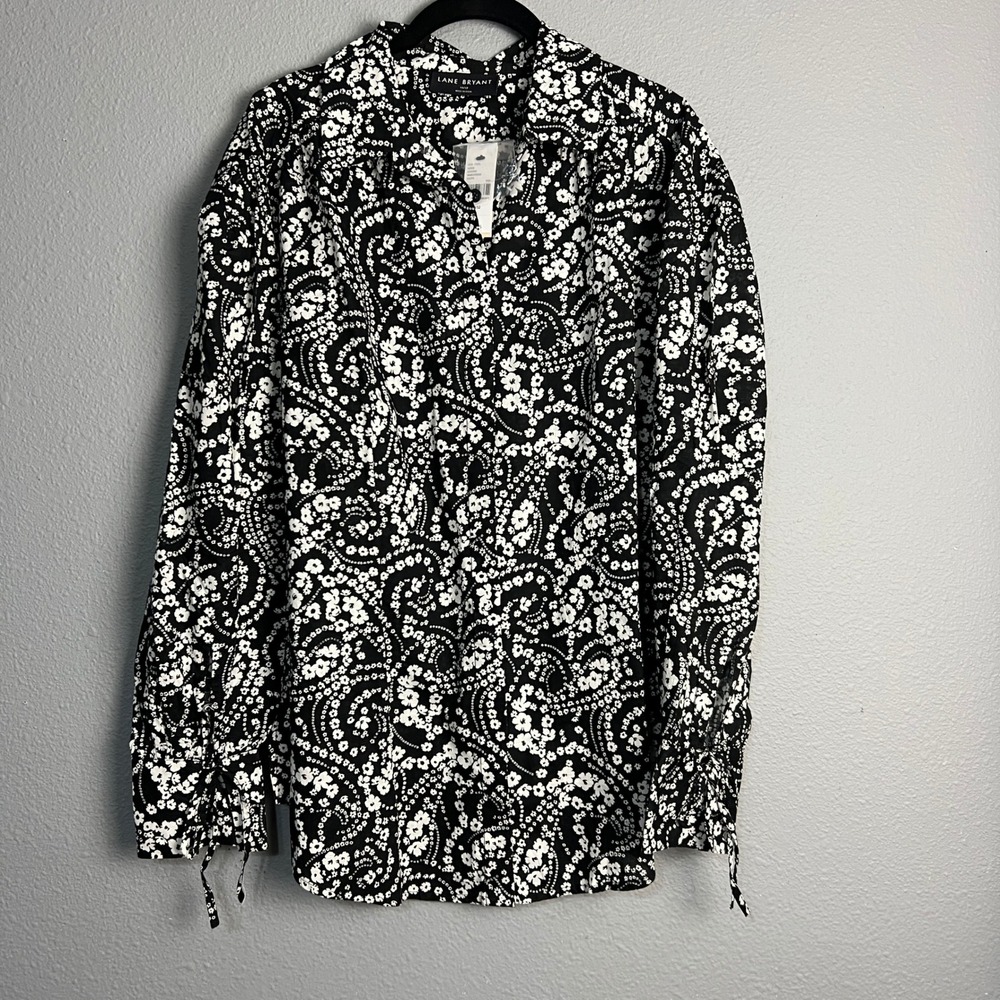 NWT Lane Bryant‎ Floral Blouse Tie Cuff Long Sleeve Top Black White Career 10/12